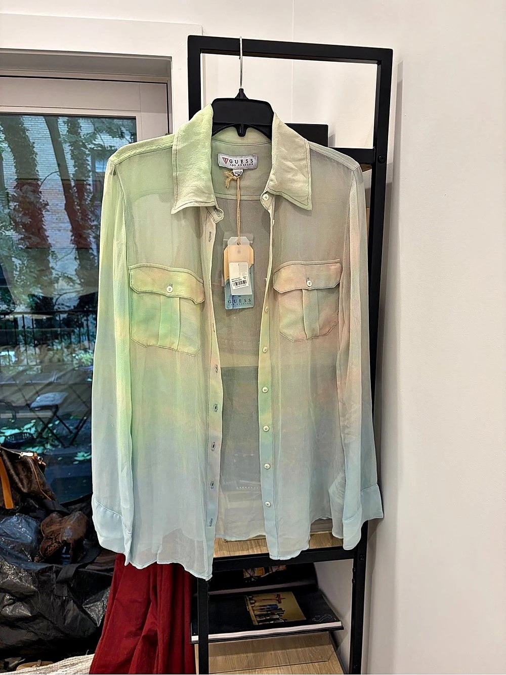 GUESS Sheer Button Down in Green & White Size Medium NWT
